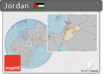Satellite Location Map of Jordan, gray outside, hill shading