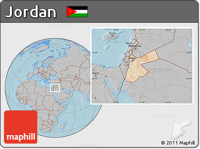 Satellite Location Map of Jordan, gray outside, hill shading