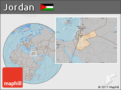 Satellite Location Map of Jordan, gray outside, hill shading