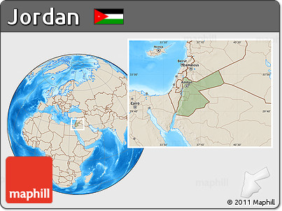 Savanna Style Location Map of Jordan, shaded relief outside, hill shading