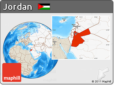 Shaded Relief Location Map of Jordan, highlighted continent