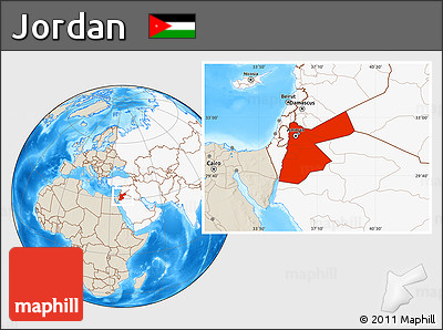 Shaded Relief Location Map of Jordan, highlighted continent
