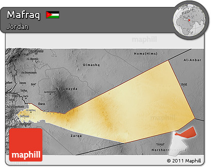 Physical 3D Map of Mafraq, darken, desaturated