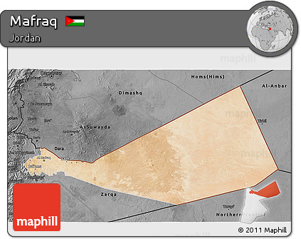 Satellite 3D Map of Mafraq, darken, desaturated