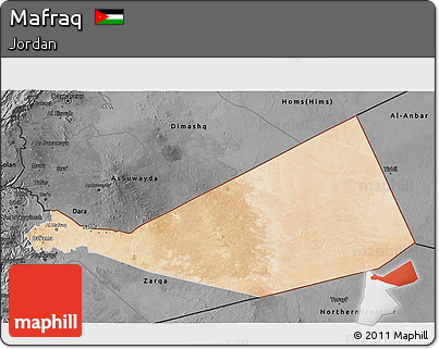 Satellite 3D Map of Mafraq, darken, desaturated