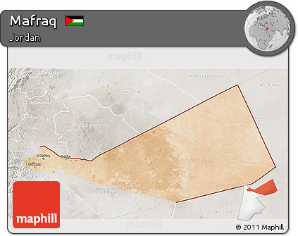 Satellite 3D Map of Mafraq, lighten, semi-desaturated