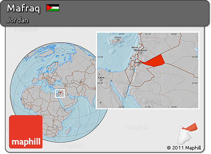 Gray Location Map of Mafraq, within the entire country, hill shading
