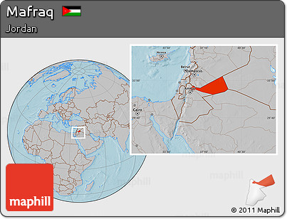Gray Location Map of Mafraq, within the entire country, hill shading