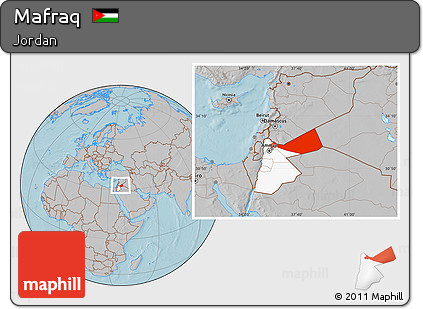 Gray Location Map of Mafraq, highlighted country, hill shading