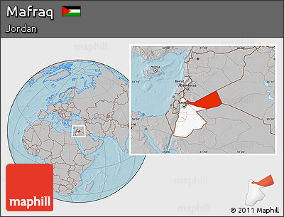 Gray Location Map of Mafraq, highlighted country, hill shading