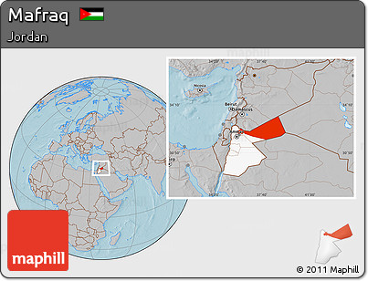 Gray Location Map of Mafraq, highlighted country, hill shading