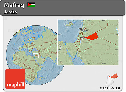 Savanna Style Location Map of Mafraq, within the entire country, hill shading