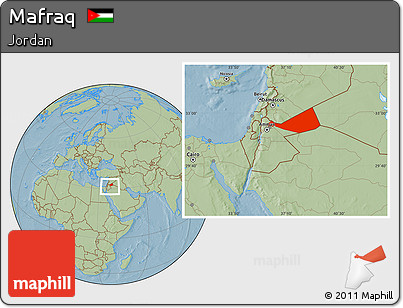 Savanna Style Location Map of Mafraq, within the entire country, hill shading