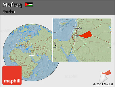Savanna Style Location Map of Mafraq, within the entire country, hill shading