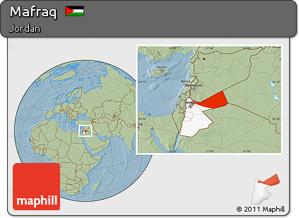 Savanna Style Location Map of Mafraq, highlighted country, hill shading