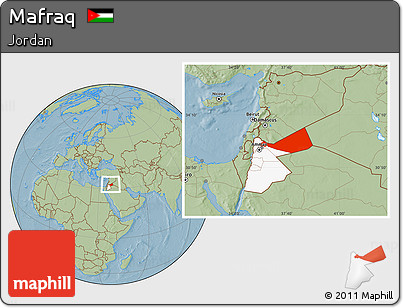 Savanna Style Location Map of Mafraq, highlighted country, hill shading
