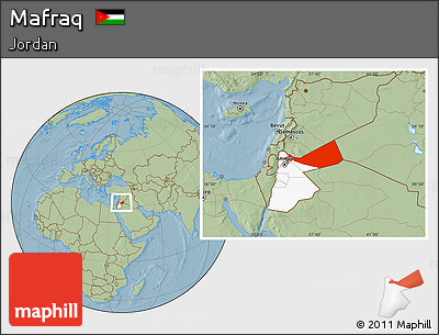 Savanna Style Location Map of Mafraq, highlighted country, hill shading