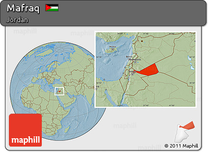 Savanna Style Location Map of Mafraq, hill shading