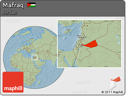 Savanna Style Location Map of Mafraq, hill shading