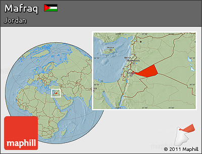 Savanna Style Location Map of Mafraq, hill shading