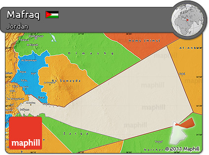Shaded Relief Map of Mafraq, political outside