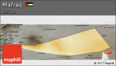 Physical Panoramic Map of Mafraq, darken, semi-desaturated