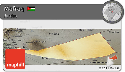 Physical Panoramic Map of Mafraq, darken, semi-desaturated