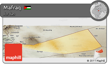 Physical Panoramic Map of Mafraq, semi-desaturated