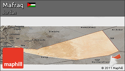 Satellite Panoramic Map of Mafraq, darken, semi-desaturated