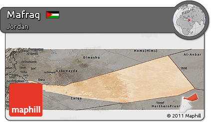 Satellite Panoramic Map of Mafraq, darken, semi-desaturated