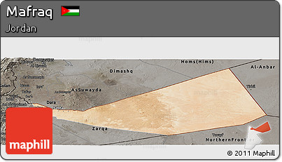 Satellite Panoramic Map of Mafraq, darken, semi-desaturated
