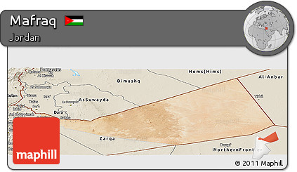 Satellite Panoramic Map of Mafraq, shaded relief outside
