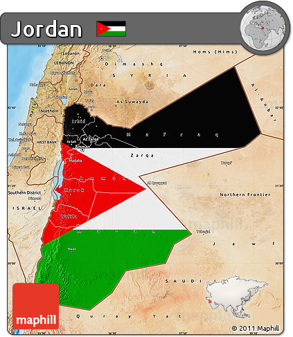 Flag Map of Jordan, satellite outside, bathymetry sea, flag centered
