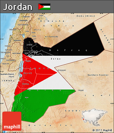 Flag Map of Jordan, satellite outside, bathymetry sea, flag centered