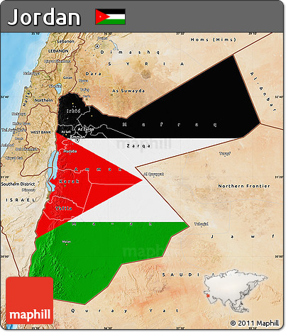 Flag Map of Jordan, satellite outside, bathymetry sea, flag centered