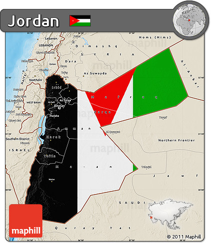 Flag Map of Jordan, shaded relief outside, bathymetry sea, flag aligned to the middle