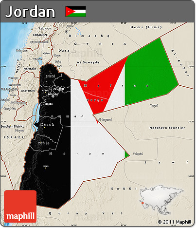 Flag Map of Jordan, shaded relief outside, bathymetry sea, flag aligned to the middle