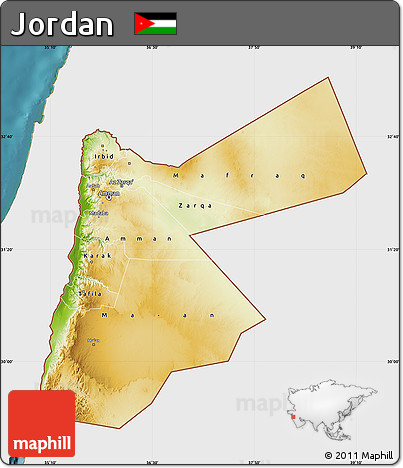 Physical Map of Jordan, single color outside, satellite sea