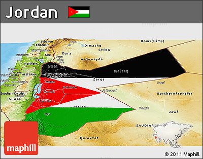 Flag Panoramic Map of Jordan, physical outside, bathymetry sea, flag centered