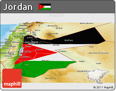 Flag Panoramic Map of Jordan, physical outside, bathymetry sea, flag centered