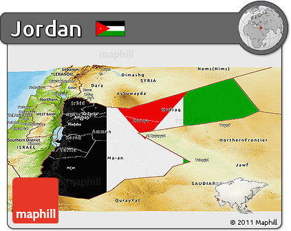 Flag Panoramic Map of Jordan, physical outside, bathymetry sea, flag aligned to the middle