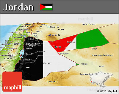 Flag Panoramic Map of Jordan, physical outside, bathymetry sea, flag aligned to the middle