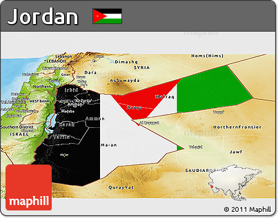 Flag Panoramic Map of Jordan, physical outside, bathymetry sea, flag aligned to the middle