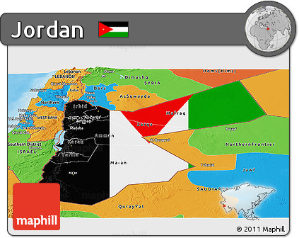 Flag Panoramic Map of Jordan, political outside, flag aligned to the middle