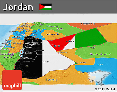 Flag Panoramic Map of Jordan, political outside, flag aligned to the middle