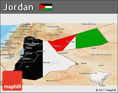 Flag Panoramic Map of Jordan, satellite outside, bathymetry sea, flag aligned to the middle