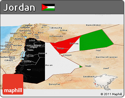 Flag Panoramic Map of Jordan, satellite outside, bathymetry sea, flag aligned to the middle