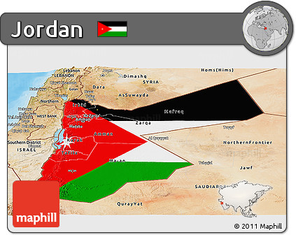 Flag Panoramic Map of Jordan, satellite outside, bathymetry sea