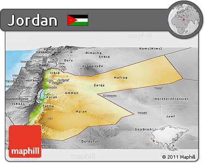 Physical Panoramic Map of Jordan, desaturated, land only