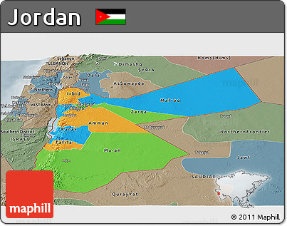 Political Panoramic Map of Jordan, semi-desaturated